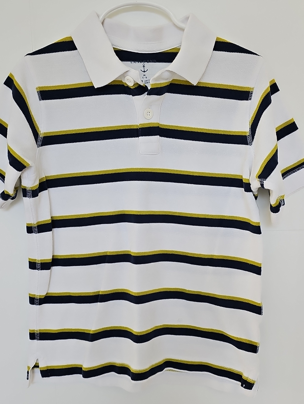 Lands' End White Polo w/ Navy Blue & Green Stripes Boys Sz M 5-6